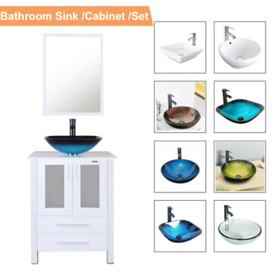 24'' White Bathroom Vanity Cabinet Set Vessel Glass Ceramic Sink Faucet No Mirror