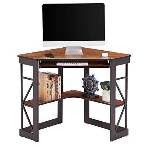 Corner Computer Desk with Keyboard Tray in Teak Brown Finish-image