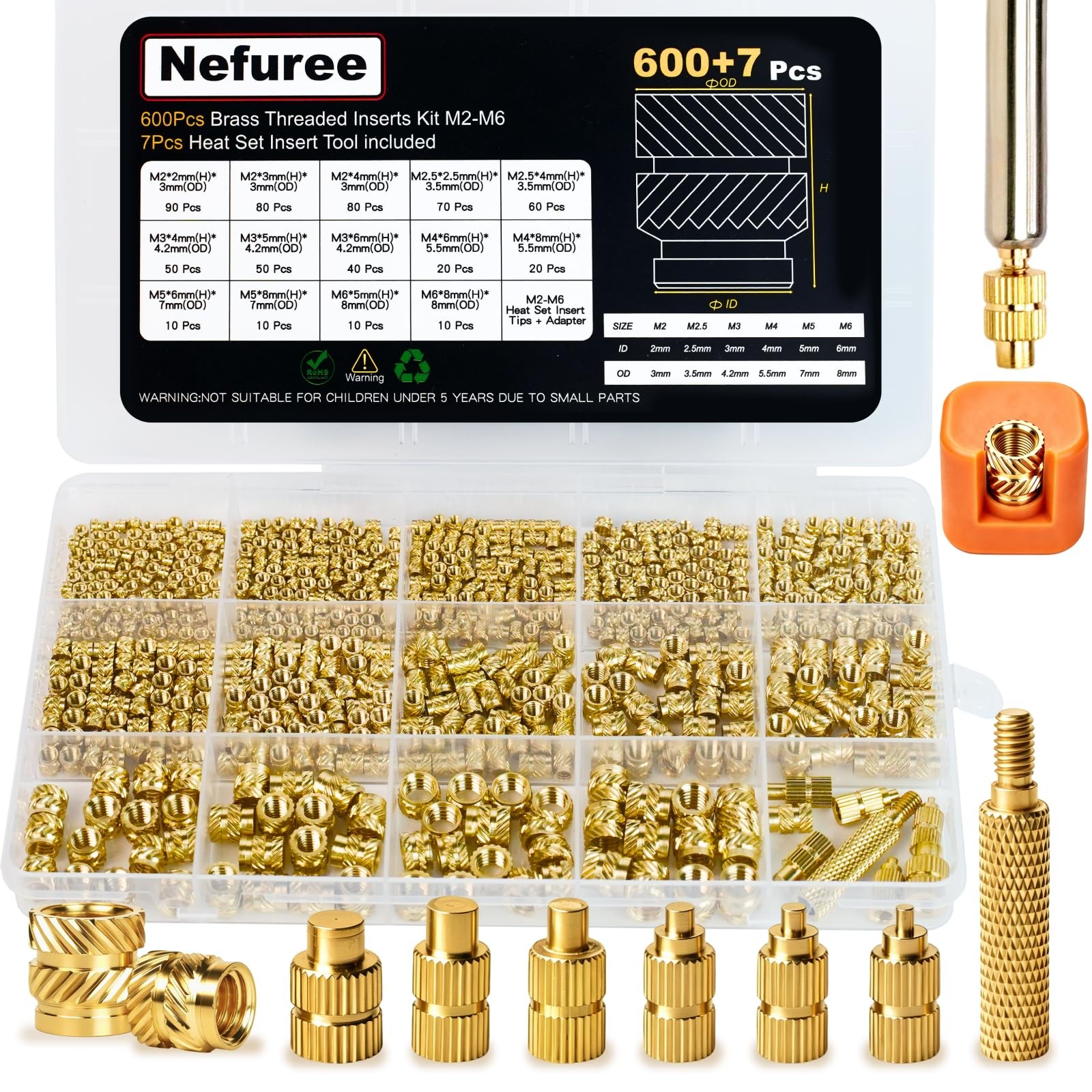 607Pcs Threaded Inserts for Plastic, Heat Set M2 M2.5 M3 M4 M5 M6, Golden