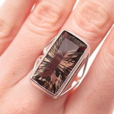 925 Sterling Silver Vintage Real Smoky Quartz Modernist Ring Size 8