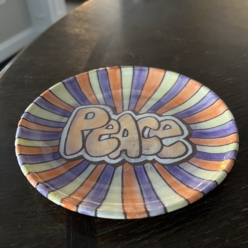 Small Clay plate with Peace motif Had Made And Painted 6.25” Diameter