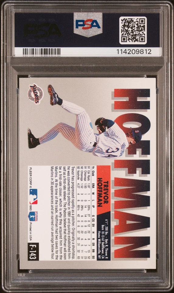 Tarjeta de novato firmada por Trevor Hoffman Fleer Final 1993 #F-143 PSA 8 automático 10 RC Pop 1 Foto 2 de 2