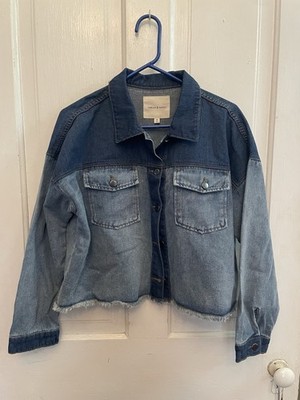Thread & Supply Women's Two-Tone Cropped Denim Jacket with Button Closure M