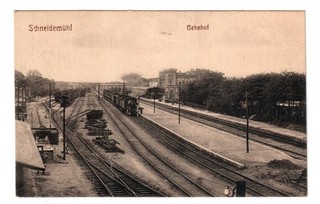 Buena postal: Schneidemühl (Piła) estación usada 1917