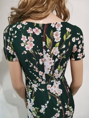 Dolce & Gabbana Floral Cherry Blossom Print Dark Green Cady Dress
