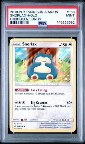 PSA 9 Snorlax Holo Rare Unbroken Bonds 2019 Pokemon Card #158