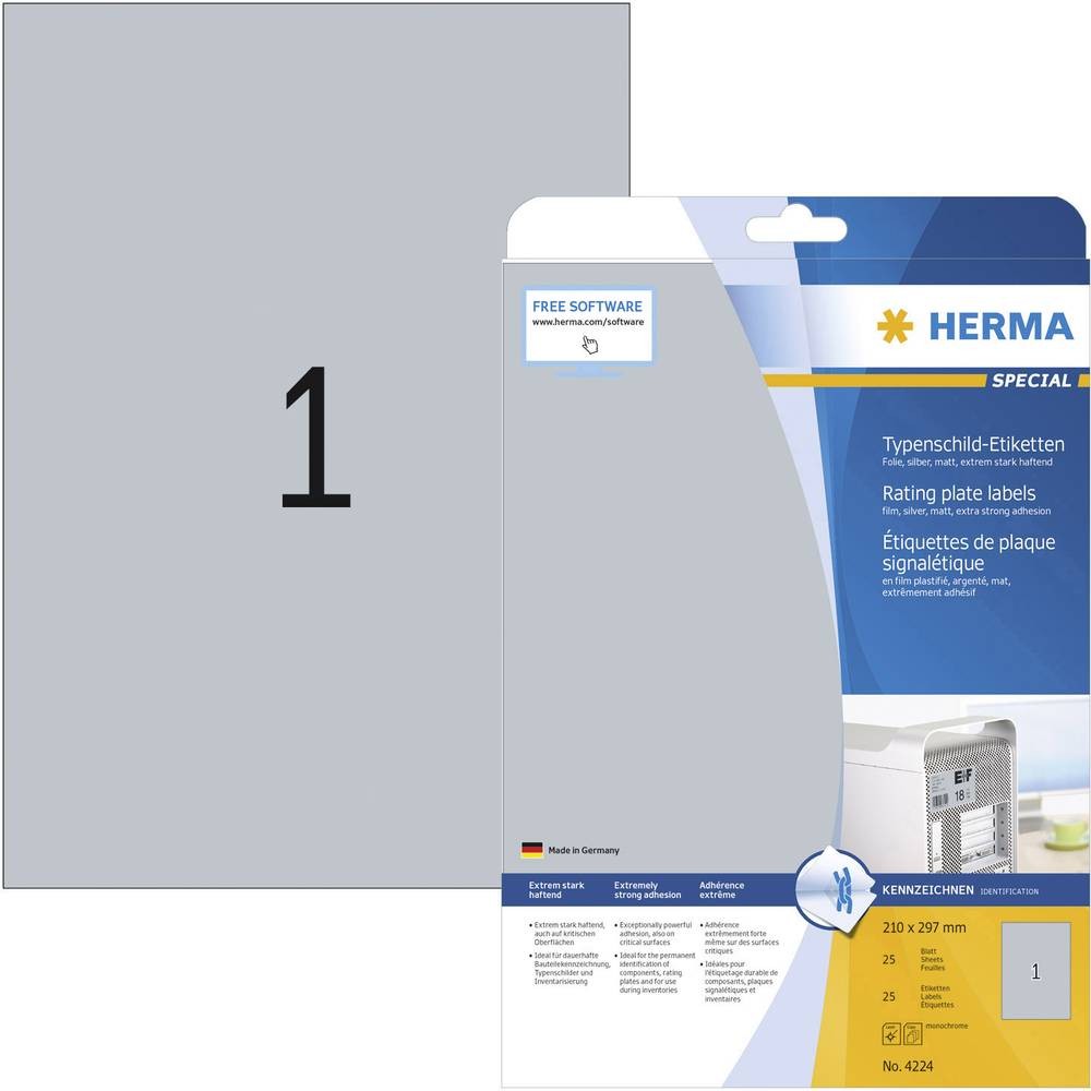 Herma 4224 Etiquette plaques signalétiques polyester argent A4 aspect inox mat