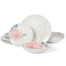 Peony 12 Piece round Fine Ceramic Dinnerware Set in White and Pink