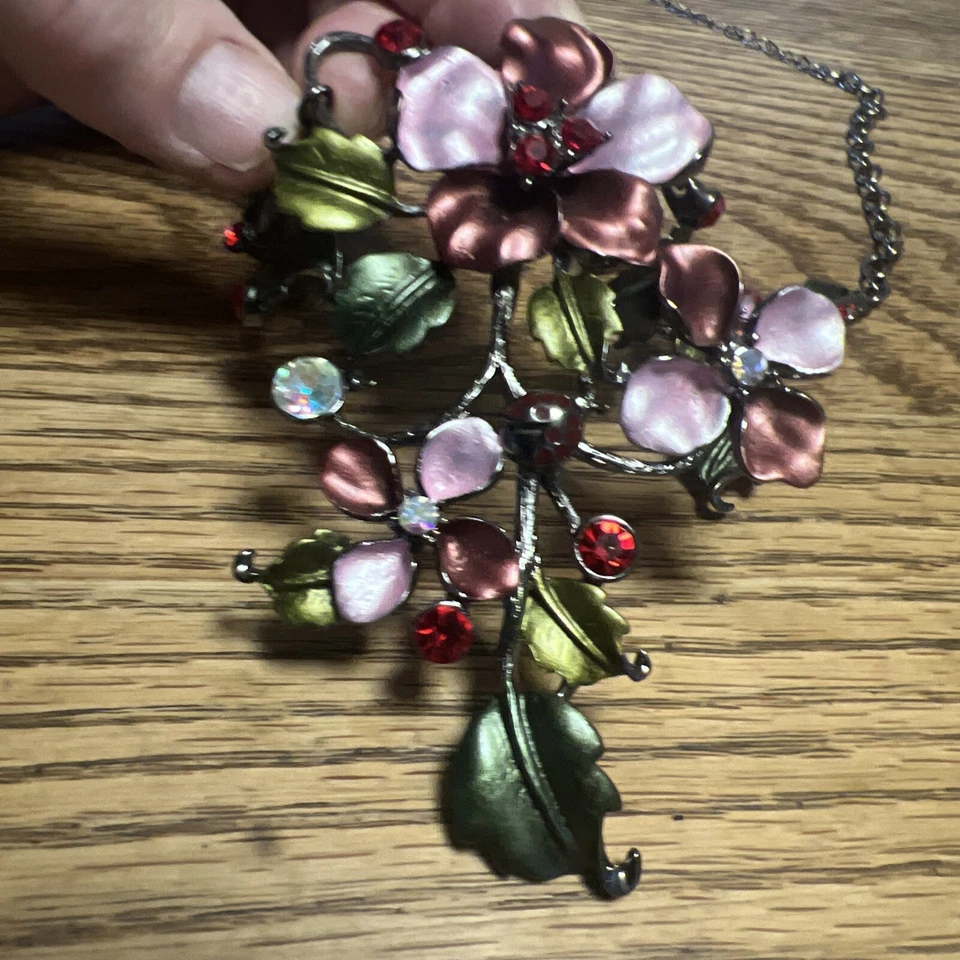 Розовый + зеленый матовая эмаль со стразами цветочный ожерелье браслет серьги Parure - Изображение 2 из 4