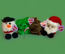 Vintage Christmas Lot of 4 Puffkins Plush Santa Reindeer Snowman Bear W/ Tags
