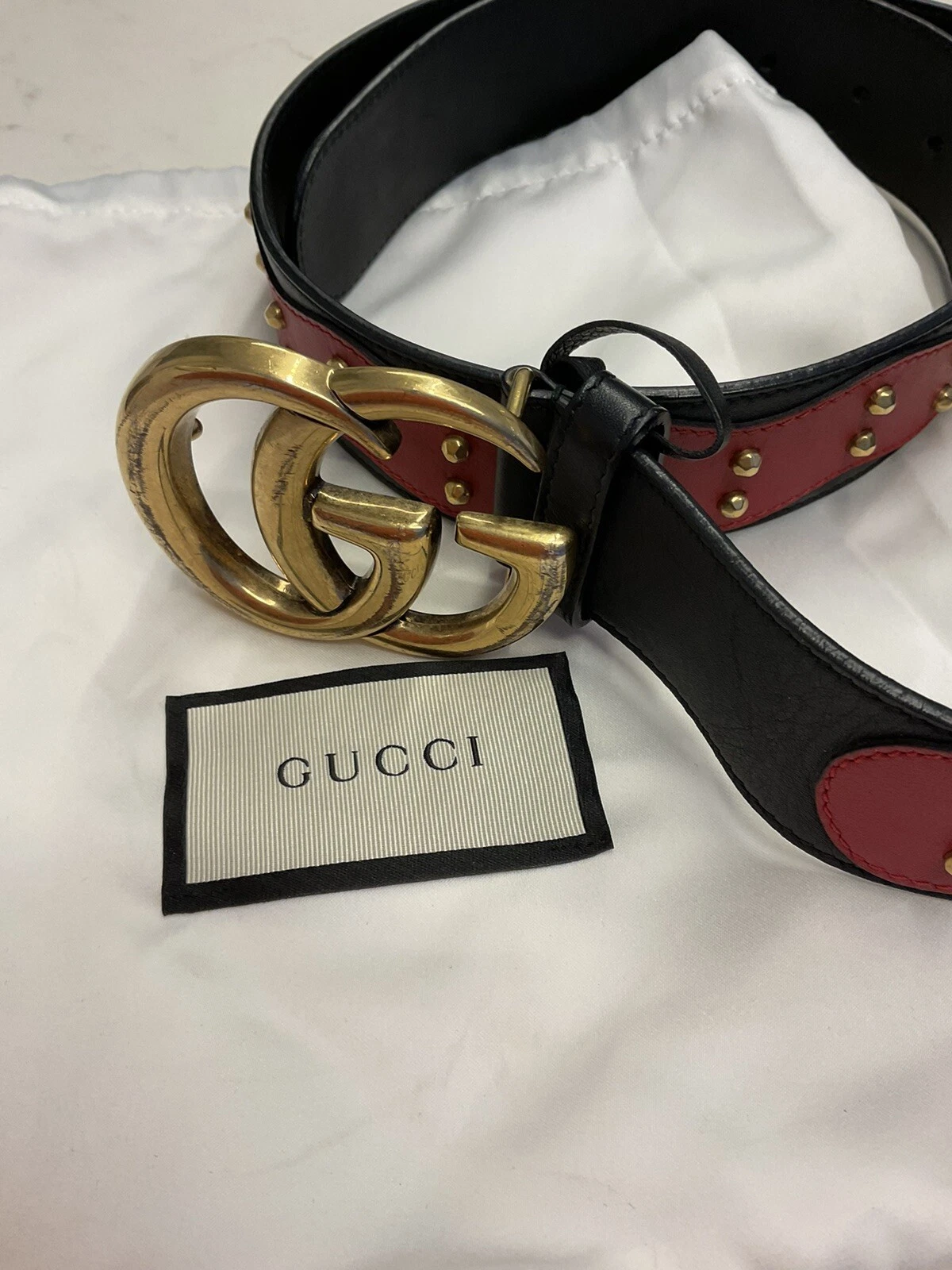 Ceinture cloutée authentique Gucci « Double G Marmont » cuir noir/rouge taille 90