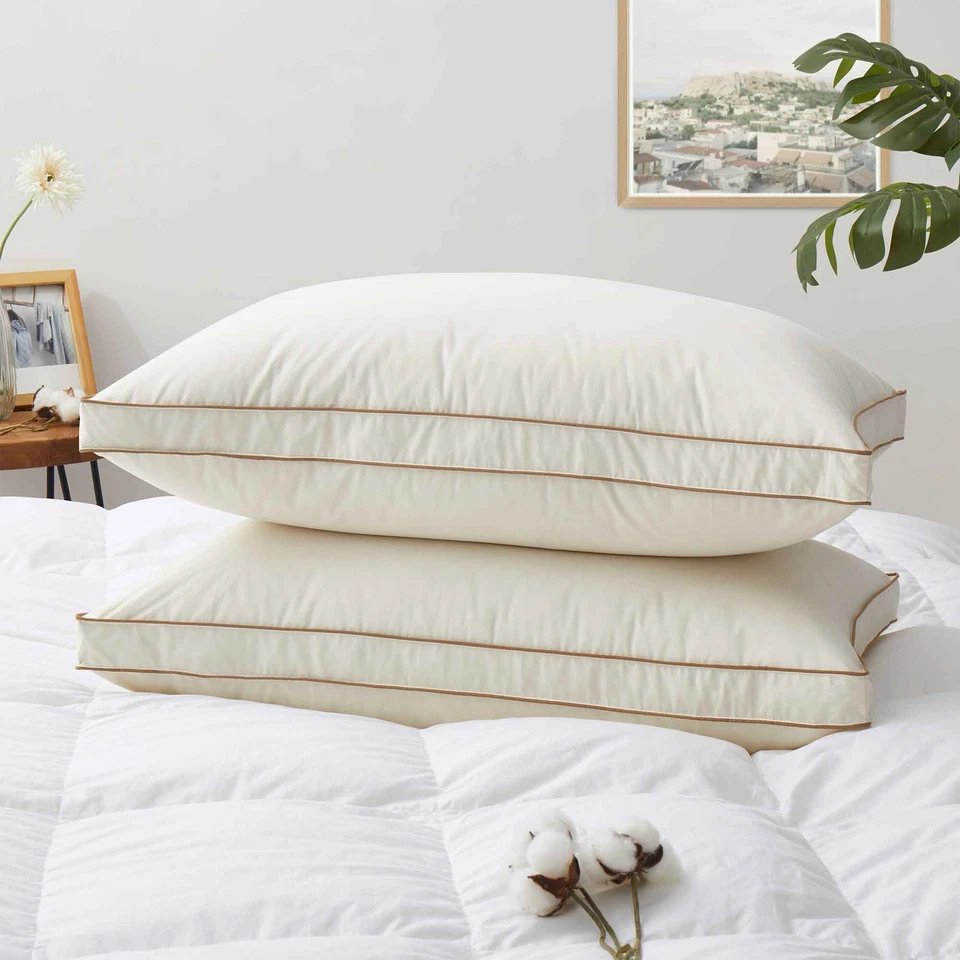 PEACE NEST 2 Pack Gusset 75% White Down Pillows, 100% Organic Cotton, King Or Queen Pillow