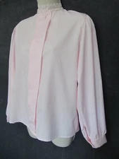 80's Vintage Cindy Collins Pink Poly Long Sleeve Crochet High Neck Victorian Top