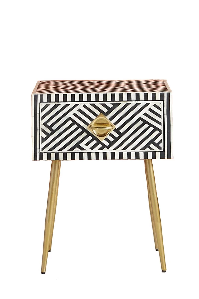 Bone Inlay Bedside Table Night Stand Table 1 Drawer Black Optical Design Home D