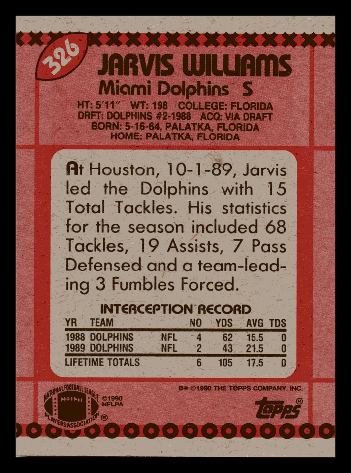 1990 Topps Jarvis Williams  Miami Dolphins #326 Centered Mint - Image 2 of 2