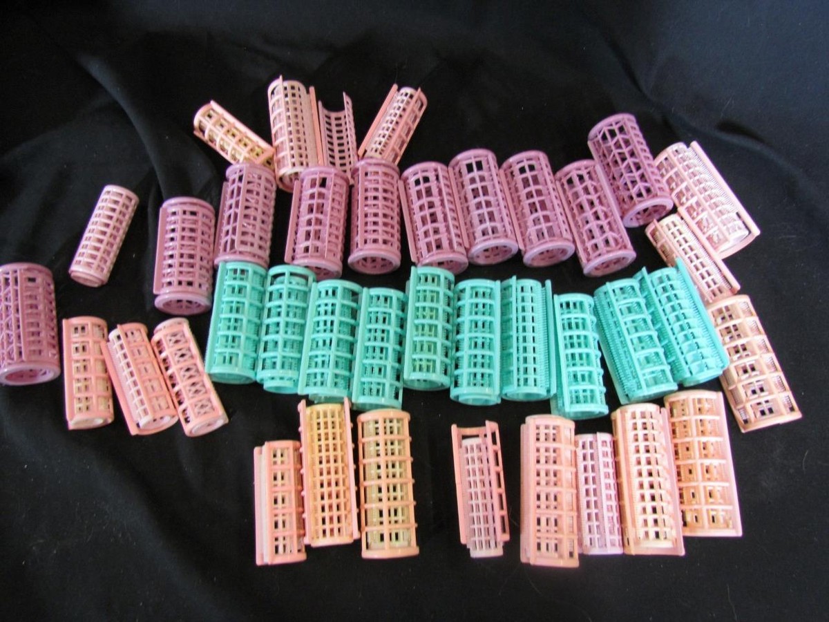 Vintage Pink Green Blue Snap on Rollers Plastic w Cover Hair