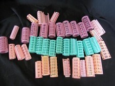 Vintage Pink Green Blue Snap on Rollers Plastic w Cover Hair Curlers About 40