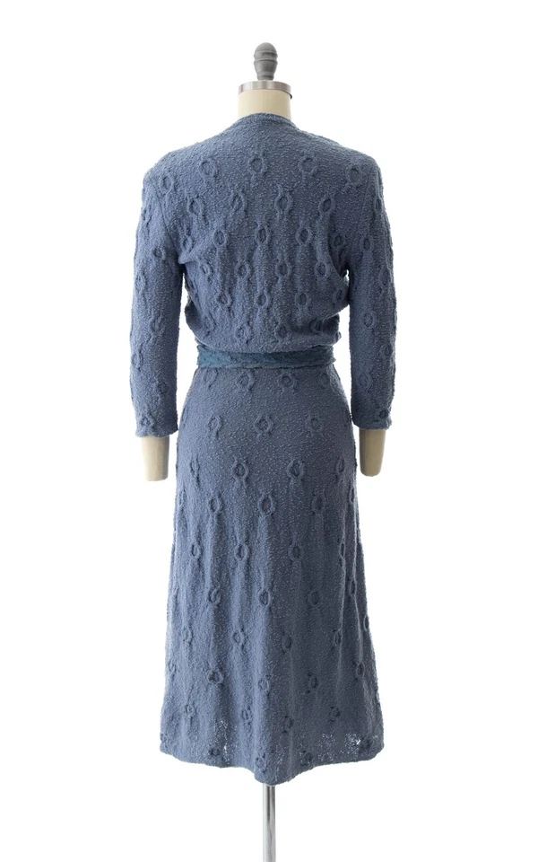 Vintage 1940s 1950s Sweater Dress 40s 50s Blue Knit Wool Belted Wiggle Dress - Image 4 of 4