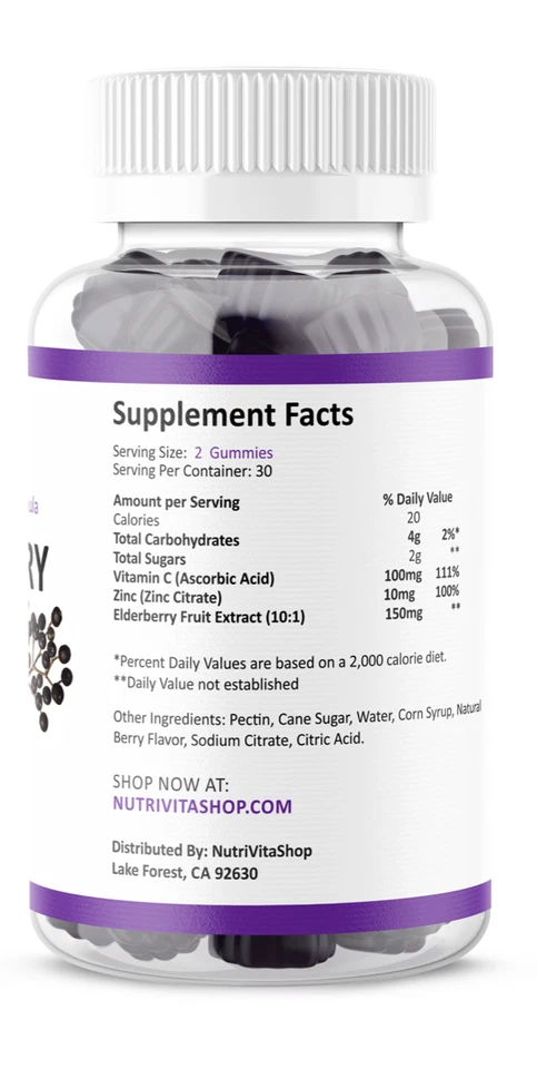 Black Elderberry Gummies Vitamin C Zinc 260mg Natural Berry Flavor Immune Boost  - Image 2 of 4