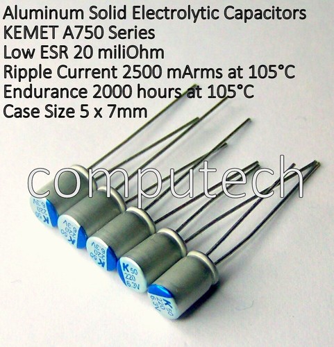 5 pezzi Condensatore Polimerico 220uF 6,3V 105°C KEMET A750 Serie Super Low ESR - Foto 1 di 3