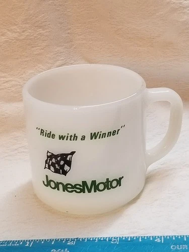 Vintage Federal Milkglass Jones Motor Mug Ride With A Winner Checkered Flag