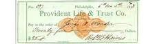 1876 Provident Life & Trust Co. Check Philadelphia Banking Geo. Warder Sig.
