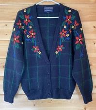 Herman Geist Vintage Hand Embroidered Wool Blend Long Sleeve Cardigan Medium