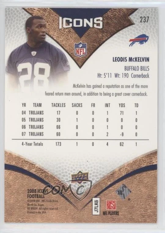 2008 Upper Deck Icons NFL Rookies /999 Leodis McKelvin #237 Rookie RC - Image 2 of 2