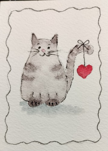 Original Watercolor ACEO - 2.5" x 3.5" - Whimsical Cat with Valentine Heart
