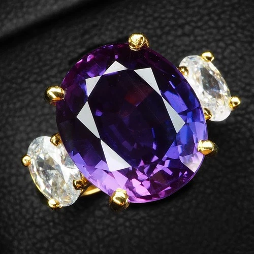 24K Gold 925 Sterling Silver Rings Marvelous Blue Purple Sapphire Oval 9.15Ct
