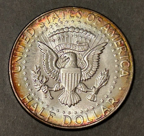 1964-D UNC Silver Kennedy Half Dollar. Subtle Rainbow Color Toning on Obv & Rev