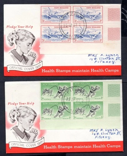 New Zealand - 1957 Health Stamps Issue Blocks on 2 x First Day Cover