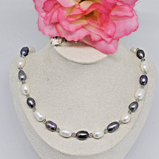Natural Baroque Pearl Choker Necklace 19" Gray White Pearls Crystal Beads