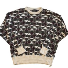 Vintage Bachrach Dad Sweater Mens Sz XL Beige Abstract 3D Long Sleeve Cosby 90s
