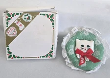 Fancy Feast 1987 Christmas Ornament,White Satin w/Lace Trim,Original Damaged Box
