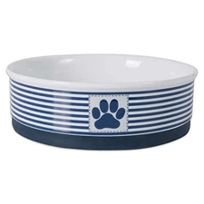 Bone Dry Paw Patch & Stripes Ceramic Pet Bowl, Large 7.5", Nautical Blue