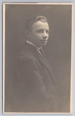 RPPC Young Man Dapper Suit Portrait c1919 Weihnachtsgrüße W.P. Thomson Govan
