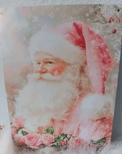 Shabby Chic Style Pink Santa Claus Christmas Tin Sign Roses Wall  Wreath Center