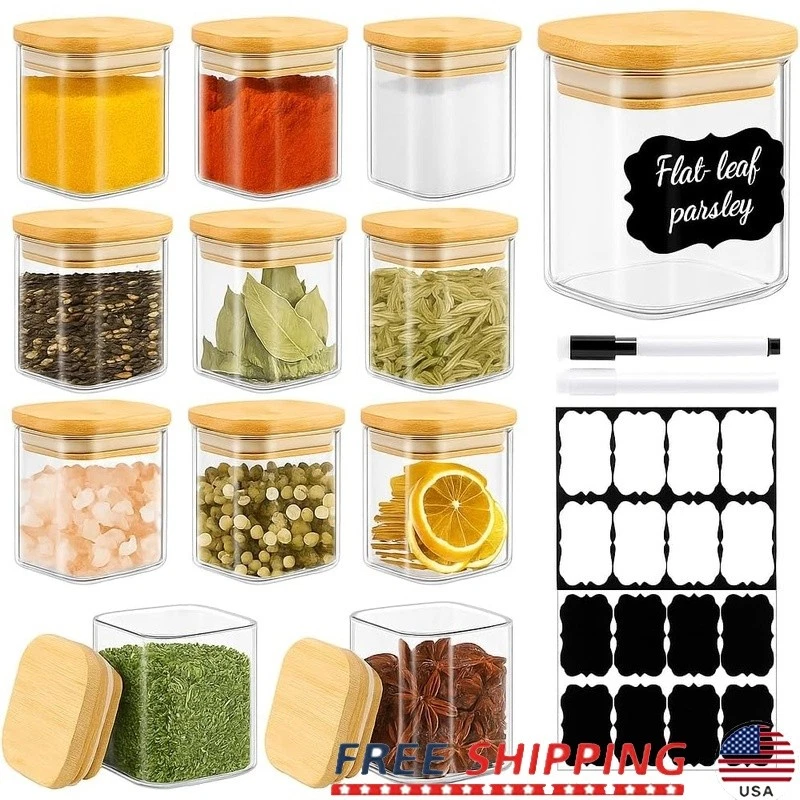Airtight Glass Spice Containers W/ Bamboo Lids & Labeling Kit Organization New