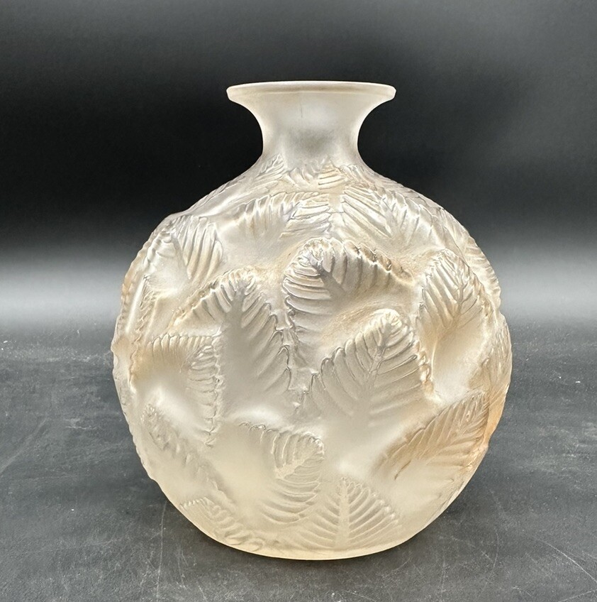Signed R. Lalique Ormeaux Sepia Crystal Flower Leaf Vase 6.5