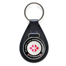 US Army 411th Engineer Brigade Veteran Black Leather Keychain Silver Keyring