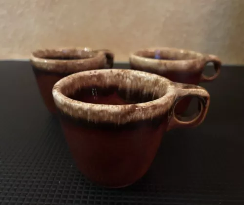 (3) Vintage Hull Pottery Brown Drip Glaze Coffee Cups Mugs - Oven Proof USA
