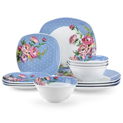VEWEET 12-tlg Geschirrset Tafelservice 4 Personen Kombiservice Blau Teller Set