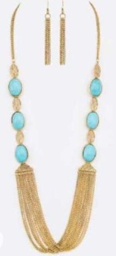 Long Turquoise Blue Statement Necklace Fringe Layered Gold Chain Earrings Set - Picture 2 of 6