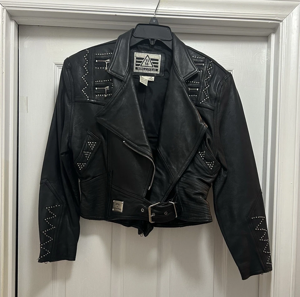 Vintage Morgan Wear Black Studded Edgy Leather Moto Rocker Biker Jacket - Image 3 of 4