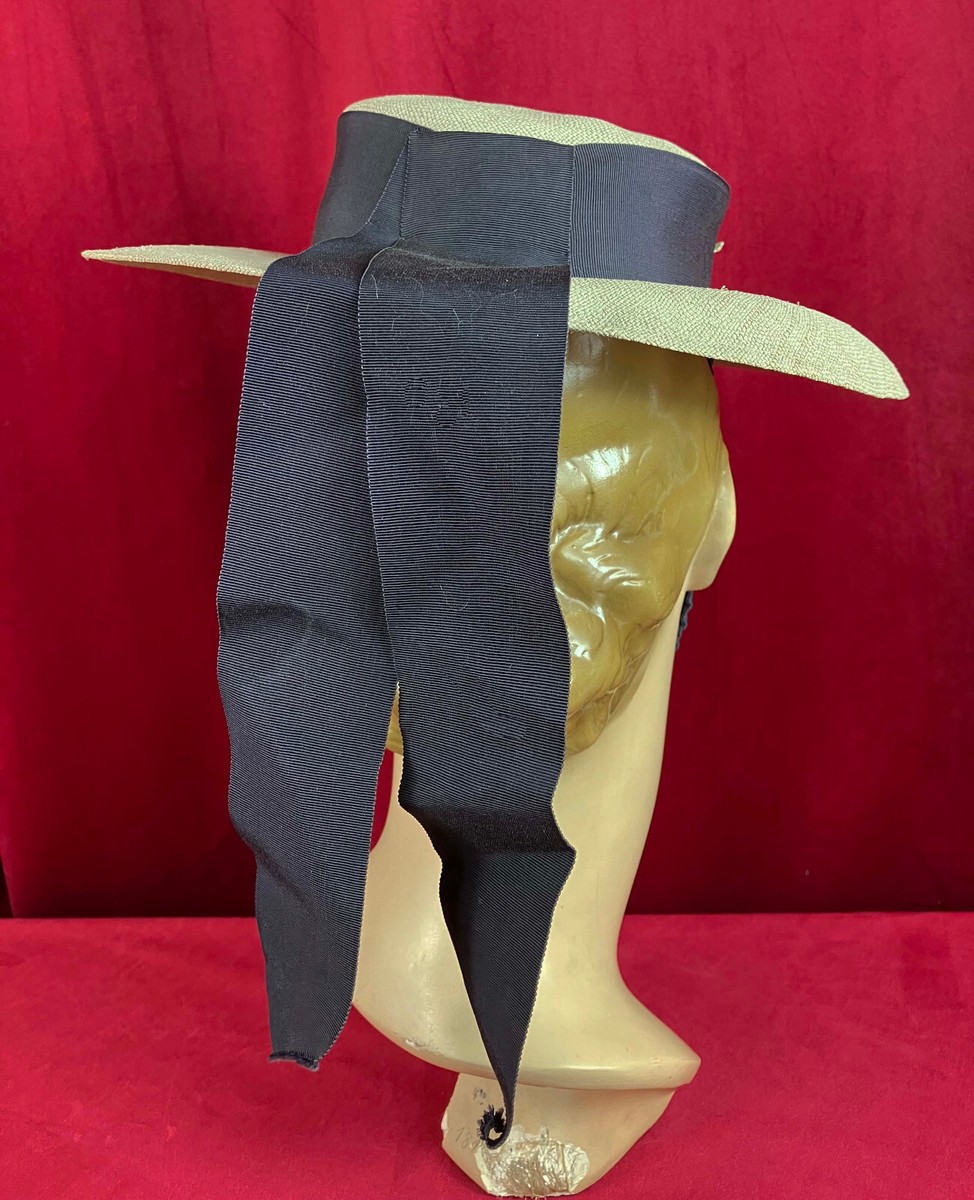 Vintage 1940s 40s Navy Lace Summer Straw Hat Perch Tilt Ribbon Train Blue Straw 1940s Vintage Hats for Women for sale | eBay main image 4