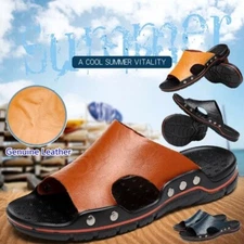 Mens Leather Slippers Summer Beach Fashion Sandals Casual Flats Slides Plus Size