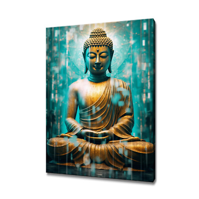 Meditierender ruhiger goldener Buddha asiatisches Wandbild buddhistische Statue blau Leinwandbild