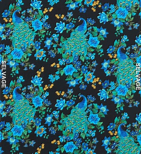 PREMIUM TIMELESS TREASURES FABRIC - PLUME BLUE METALLIC PEACOCK PRINT ON BLACK