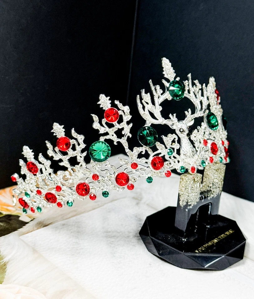 Corona de Navidad, Tiara de Cristal de Reno, Fiesta de Navidad Blanca, Topper de Árbol de Navidad Foto 4 de 4